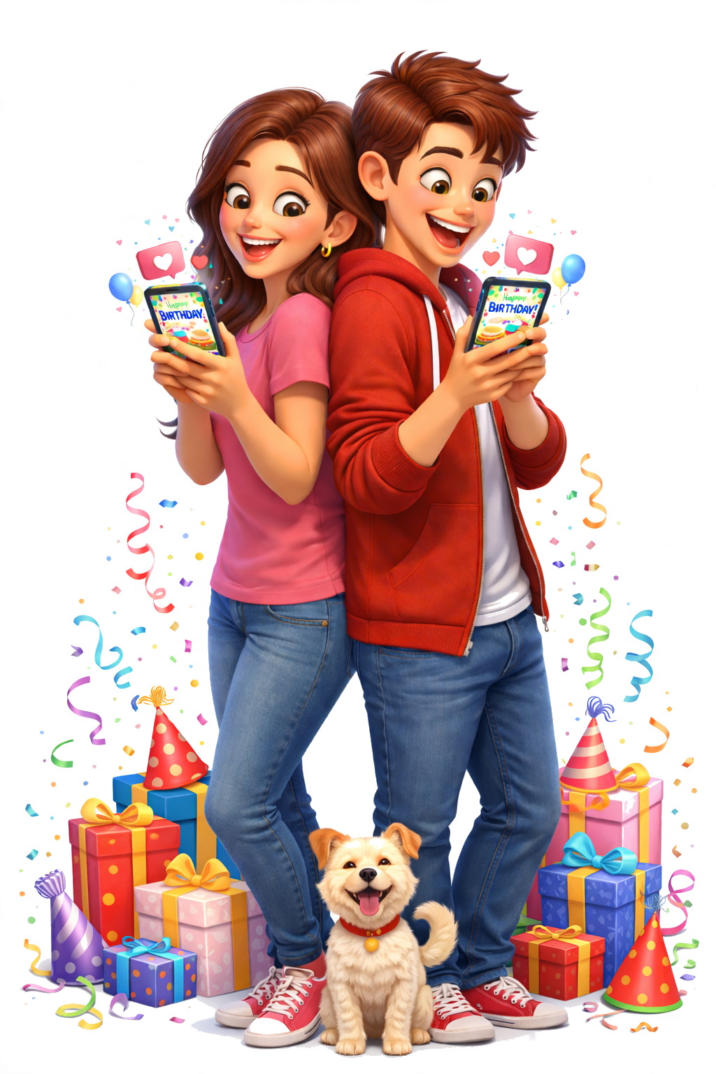 Familia feliz celebrando cumpleaños con sus celulares